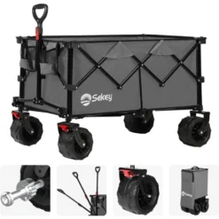 Sekey Chariot De Plage Pliable Avec Frein, Grande Capacité Avec Roues Tout Terrain, Chariot Pliable Robuste, Gris