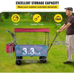 VEVOR Chariot Pliable Avec Toit Chariot De Jardin Chariot De Plage 100 Kg Rouge -Promos Botani Pro Boutique 69342778 4