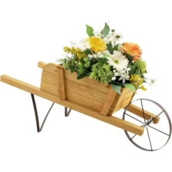 RELAX4LIFE Brouette Décorative En Bois, Pots De Fleurs Avec 9 Accessoires D'Aimants Roues Métalliques Longue Poignée, Décoration De Jardin Rustique 69,5x26x29,5cm Pour Cour Jardin Véranda (Nature)