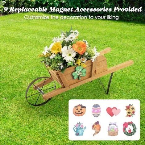 RELAX4LIFE Brouette Décorative En Bois, Pots De Fleurs Avec 9 Accessoires D'Aimants Roues Métalliques Longue Poignée, Décoration De Jardin Rustique 69,5x26x29,5cm Pour Cour Jardin Véranda (Nature) 2 RELAX4LIFE Brouette Décorative En Bois, Pots De Fleurs Avec 9 Accessoires D'Aimants Roues Métalliques Longue Poignée, Décoration De Jardin Rustique 69,5x26x29,5cm Pour Cour Jardin Véranda (Nature) – Image 2