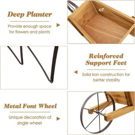 RELAX4LIFE Brouette Décorative En Bois, Pots De Fleurs Avec 9 Accessoires D'Aimants Roues Métalliques Longue Poignée, Décoration De Jardin Rustique 69,5x26x29,5cm Pour Cour Jardin Véranda (Nature) 4 RELAX4LIFE Brouette Décorative En Bois, Pots De Fleurs Avec 9 Accessoires D'Aimants Roues Métalliques Longue Poignée, Décoration De Jardin Rustique 69,5x26x29,5cm Pour Cour Jardin Véranda (Nature) – Image 4