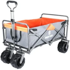 Chariot De Jardin Pliable Avec 4 Roues Transport Charge 150 Kg Chariot Pliant De Plage Chariot à Main De Transport-Gris-orange