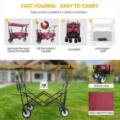 Chariot De Jardin Pliable | Avec écran Solaire Amovible, Chariot Pliant De Plage | Chariot De Camping | Chariot De Pique | Chariot De Transport Charge 150kg-Rouge -Promos Botani Pro Boutique 81276823 4