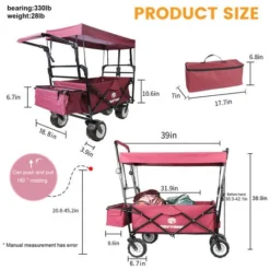 Chariot De Jardin Pliable | Avec écran Solaire Amovible, Chariot Pliant De Plage | Chariot De Camping | Chariot De Pique | Chariot De Transport Charge 150kg-Rouge -Promos Botani Pro Boutique 81276823 5