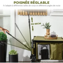 OUTSUNNY Chariot De Jardin Pliable 4 Roues - Bâche Amovible, Poignée Télescopique Réglable, 5 Pochettes Rangement - Acier Polyester Kaki 8 OUTSUNNY Chariot De Jardin Pliable 4 Roues - Bâche Amovible, Poignée Télescopique Réglable, 5 Pochettes Rangement - Acier Polyester Kaki -Promos Botani Pro Boutique 86505022 4