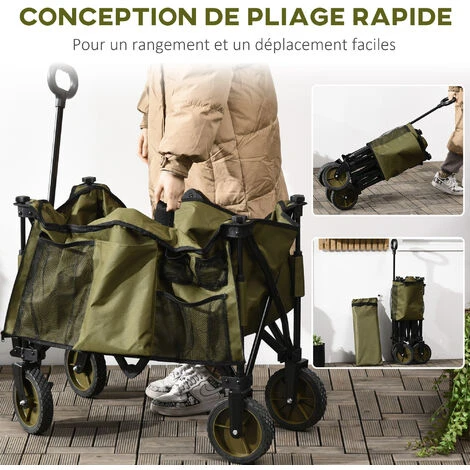 OUTSUNNY Chariot De Jardin Pliable 4 Roues - Bâche Amovible, Poignée Télescopique Réglable, 5 Pochettes Rangement - Acier Polyester Kaki 5 OUTSUNNY Chariot De Jardin Pliable 4 Roues - Bâche Amovible, Poignée Télescopique Réglable, 5 Pochettes Rangement - Acier Polyester Kaki – Image 5