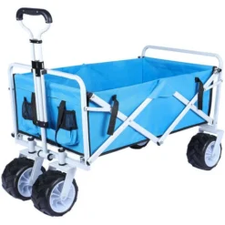 Chariot De Jardin Pliable Avec 4 Roues Transport Charge 150 Kg Chariot Pliant De Plage Chariot à Main De Transport-Bleu Ciel