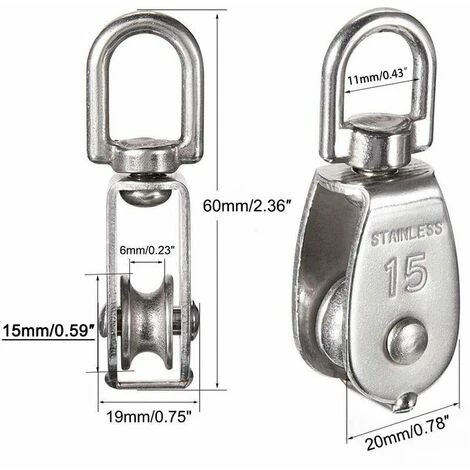 M15 Poulie Simple En Acier Inoxydable 304, 15MM Seul Poulies Bloc Rouleau, Grue Pivot Crochet Lisse Fil Corde Câble Chargement 77lbs/35Kg (6 Pièces) A 4 M15 Poulie Simple En Acier Inoxydable 304, 15MM Seul Poulies Bloc Rouleau, Grue Pivot Crochet Lisse Fil Corde Câble Chargement 77lbs/35Kg (6 Pièces) A – Image 4
