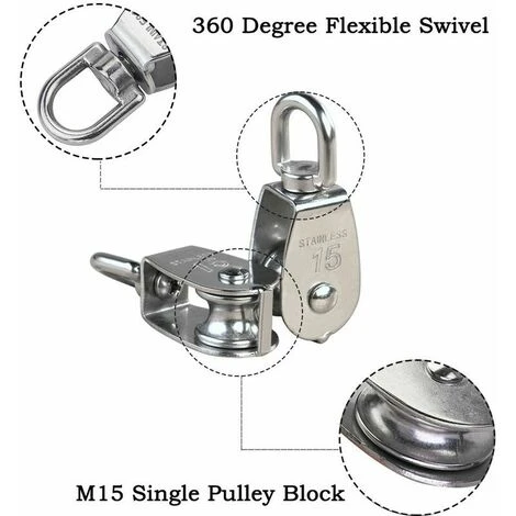 M15 Poulie Simple En Acier Inoxydable 304, 15MM Seul Poulies Bloc Rouleau, Grue Pivot Crochet Lisse Fil Corde Câble Chargement 77lbs/35Kg (6 Pièces) A 5 M15 Poulie Simple En Acier Inoxydable 304, 15MM Seul Poulies Bloc Rouleau, Grue Pivot Crochet Lisse Fil Corde Câble Chargement 77lbs/35Kg (6 Pièces) A – Image 5