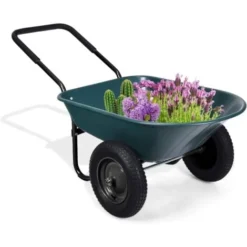 RELAX4LIFE Chariots De Jardin Avec Cadre En Fer Et Conteneur De 140 L, Brouette De Jardin Avec Poignée En Caoutchouc Et Roues Gonflables, Chariot, Capacité Max 150 KG Pour Jardins/Fermes (Vert)